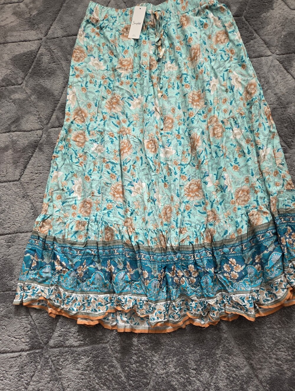 Simplee Plus Teal & Tan Floral Tiered Maxi Skirt Boho Hippie Western Summer 1X - Picture 3 of 6